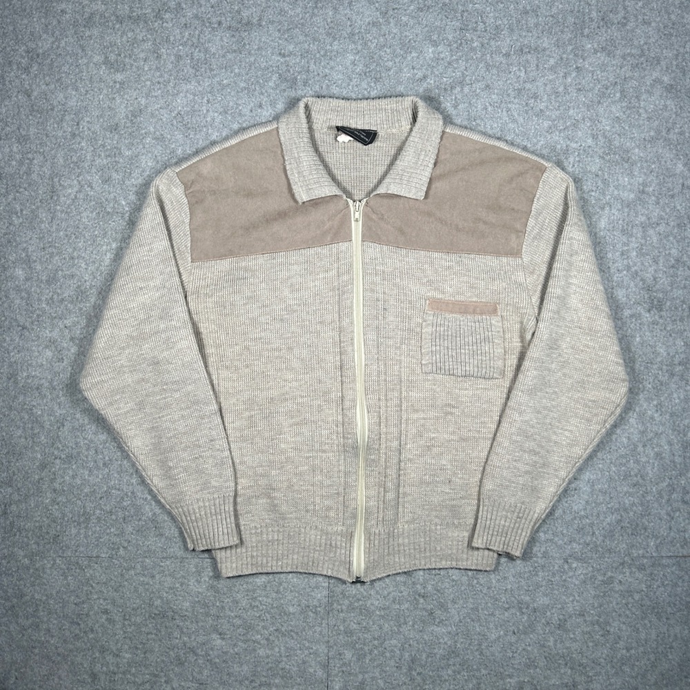 Vintage Sears Full Zip Sweater Mens 40 Beige Knit Cardigan Suede Patch Canada